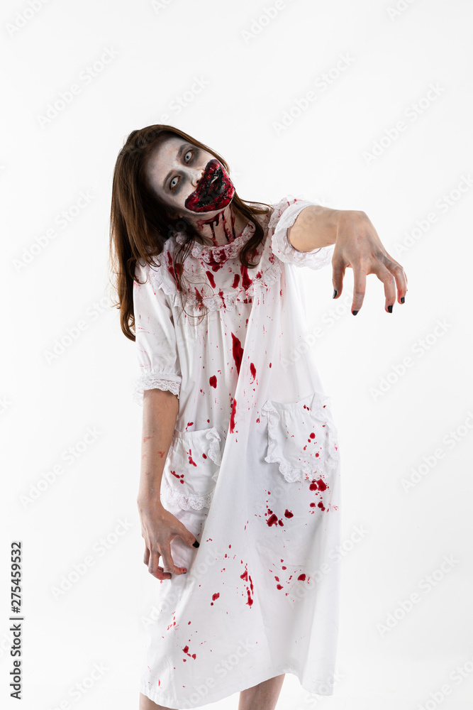 portrait asian women in white dress make up ghost face with blood on white background portrait asian women in white dress make up ghost face with blood on white background