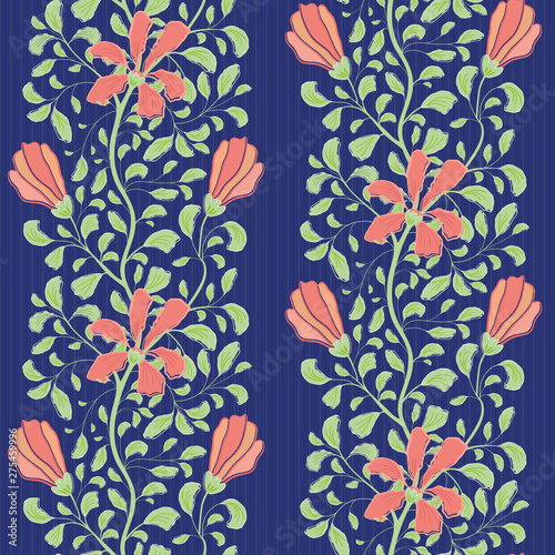 Beautiful indian floral half drop design with coral flowers and green foliage. Seamless vector pattern on striped blue background. Great for wellbeing products, home decor, packaging,stationery