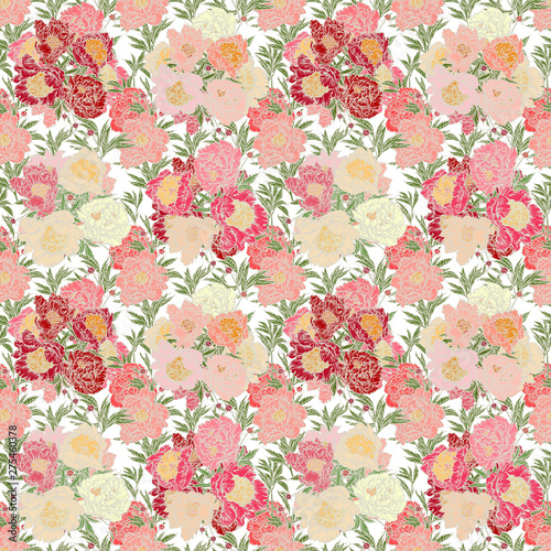 Vector illustration. Hand drawing on a graphic tablet. Seamless pattern of red and pink peonies. On a white background.