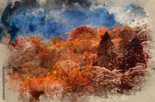 Digital watercolor painting of Stunning Autumn Fall color landscape of Lake District in Cumbria England © veneratio