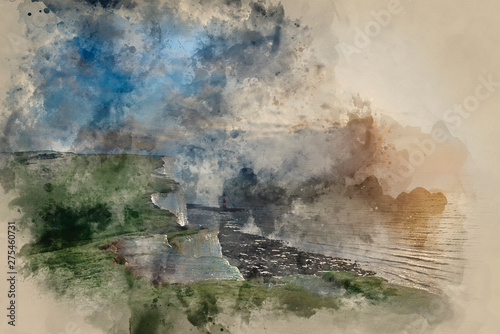 Digital watercolor painting of Stunning landscape image of Beachy Headt lighthouse on South Downs National Park during stormy sky