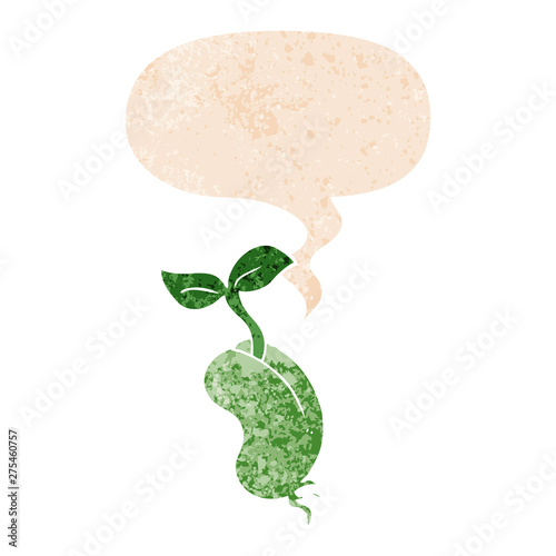 cartoon sprouting seed and speech bubble in retro textured style