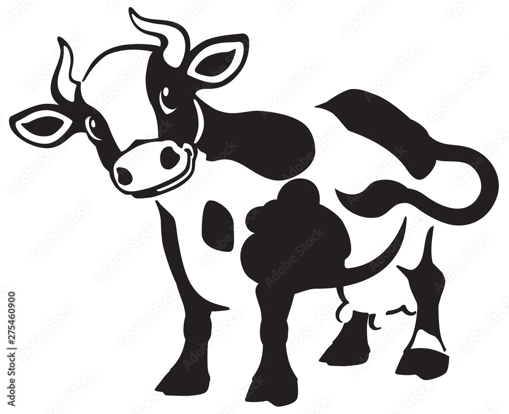 cartoon spotted cow . Black and white icon, logo , emblem . Isolated vector illustration - obrazy, fototapety, plakaty 