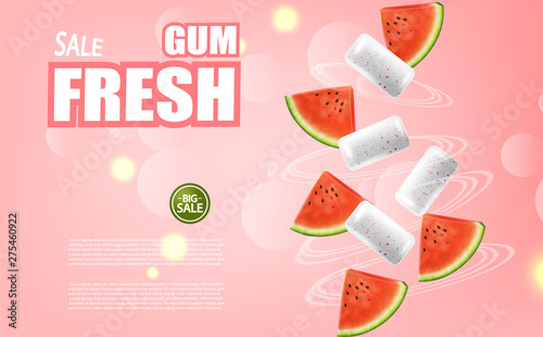 Watermelon chewing gum Vector realistic. Advertise template mock up. Product placement detailed label design. Fresh juicy watermelon flavor. 3d illustrations