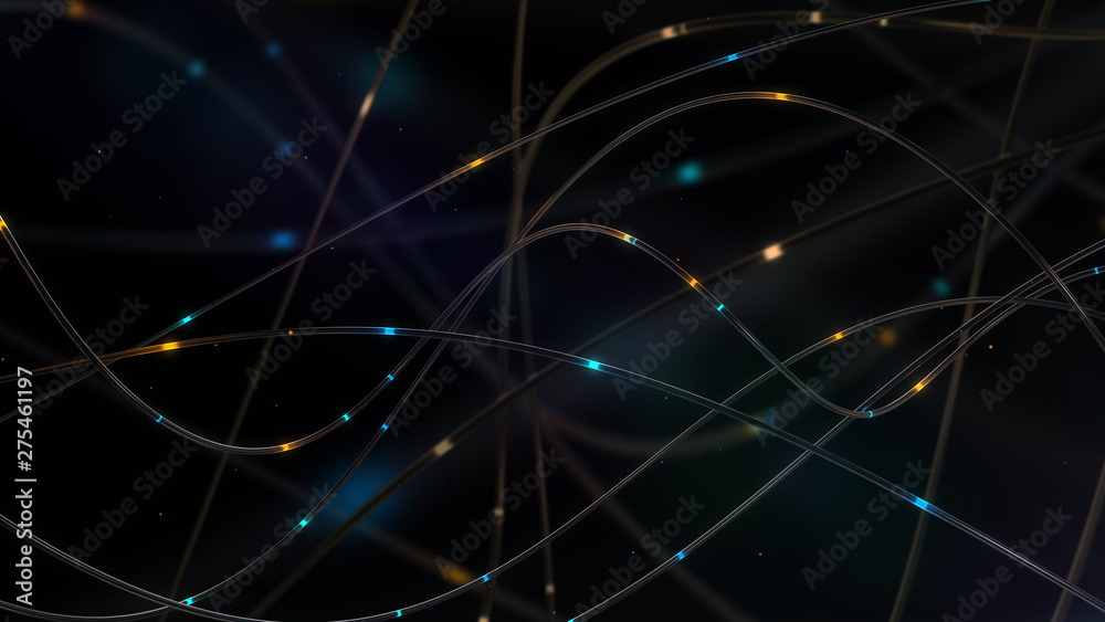 3d render, Abstract technology background in blue colors. Fiber optic cables with glowing elements. Distribution of the light signal. Depth of field. Data Communication on Optical Fibers Cable