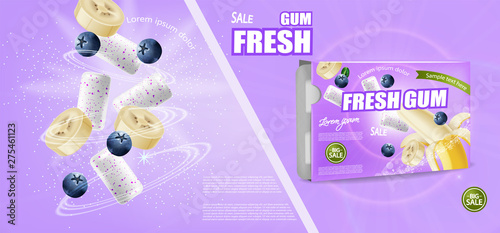 Chewing gum mock up Vector realistic. Product placement detailed label design. Banana and berries flavor. 3d illustrations