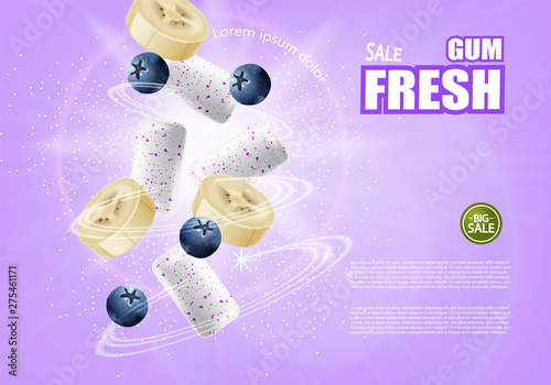 Chewing gum mock up Vector realistic. Product placement detailed label design. Banana and berries flavor. 3d illustrations