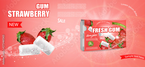 Strawberry gum Vector realistic. Product placement detailed label design. Berry Fruit flavor. 3d illustrations