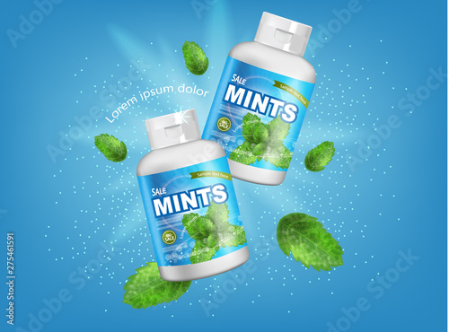 Mint chewing gum Vector realistic. Fresh flavor mock up. Product placement detailed label design. 3d illustrations