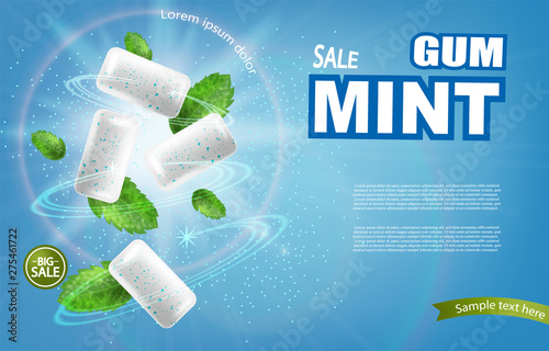 Mint chewing gum Vector realistic. Fresh flavor mock up. Product placement detailed label design. 3d illustrations photo