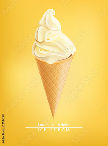 Ice cream cone Vector realistic. Vanilla flavor. Swirled smooth creamy toppings