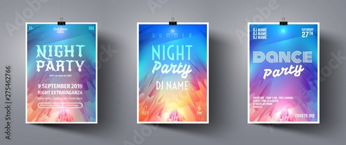 Set party flyer or poster on blue, purple and orange background. Celebration template. Flyer layout template. Poster advertising design. Party invitation banner. Dance music event cover. Vector set.