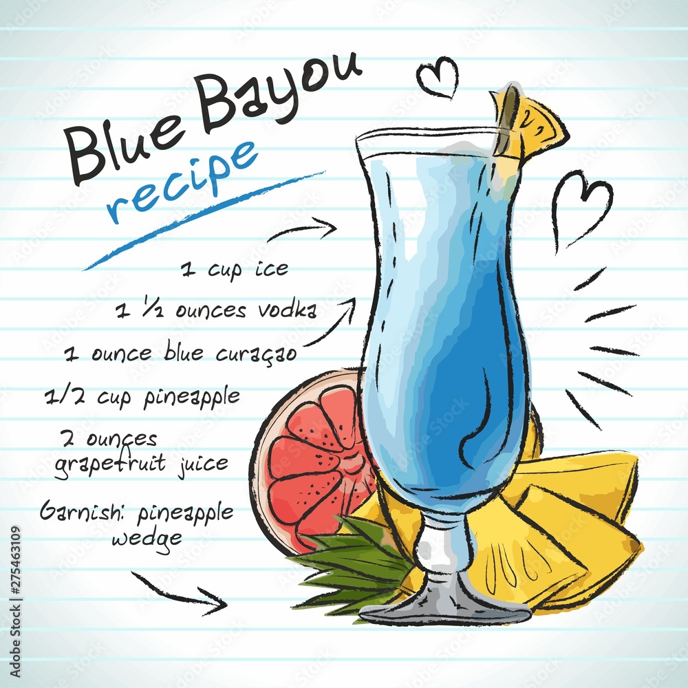 Blue Bayou cocktail, vector sketch hand drawn illustration, fresh ...