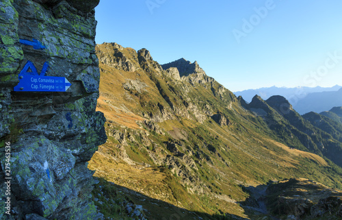 Directions for mountain hut in the beautiful mountains of Ticino, Switzerland, on a summers morning.