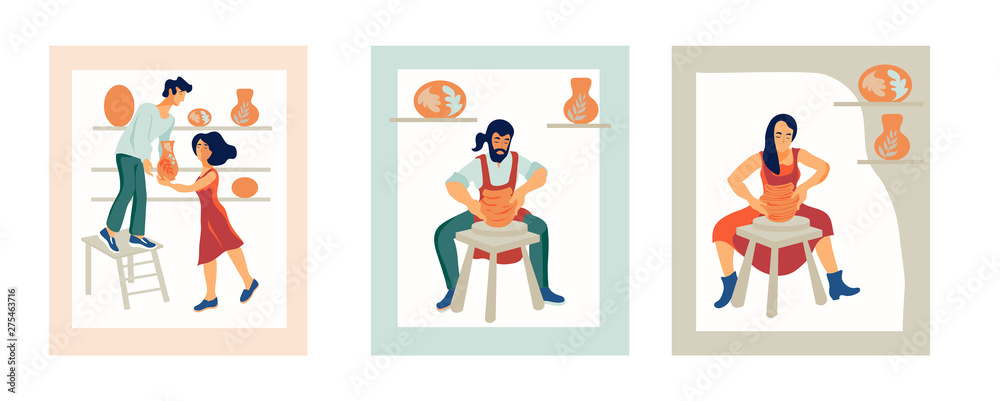 Man and woman the ceramists work at a potter's wheel in a ceramic workshop and sale the clay crocy flat vector illustration. The idea for the design of master classes and craft shops, as well as logo.