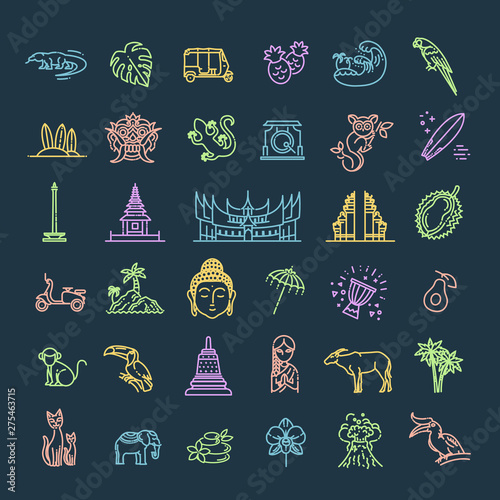Indonesia icons set. Attractions, line design. Tourism in Indonesia, isolated vector illustration. Traditional symbols