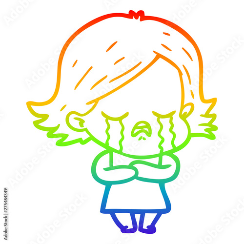 rainbow gradient line drawing cartoon girl crying