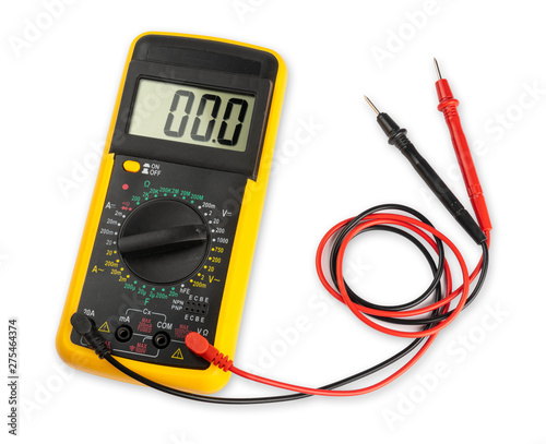 Yellow digital multimeter electronic measurement device tool with red and black cables isolated white background. Installation service concept photo