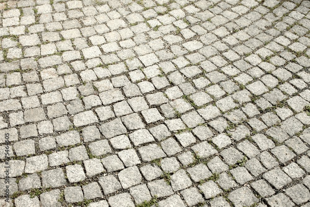 Grey cobblestone street surface with grasses