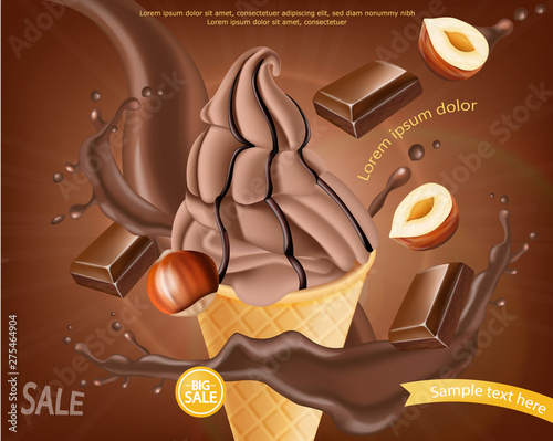 Chocolate ice cream cone Vector realistic. Dark chocolate splash and nuts fla...