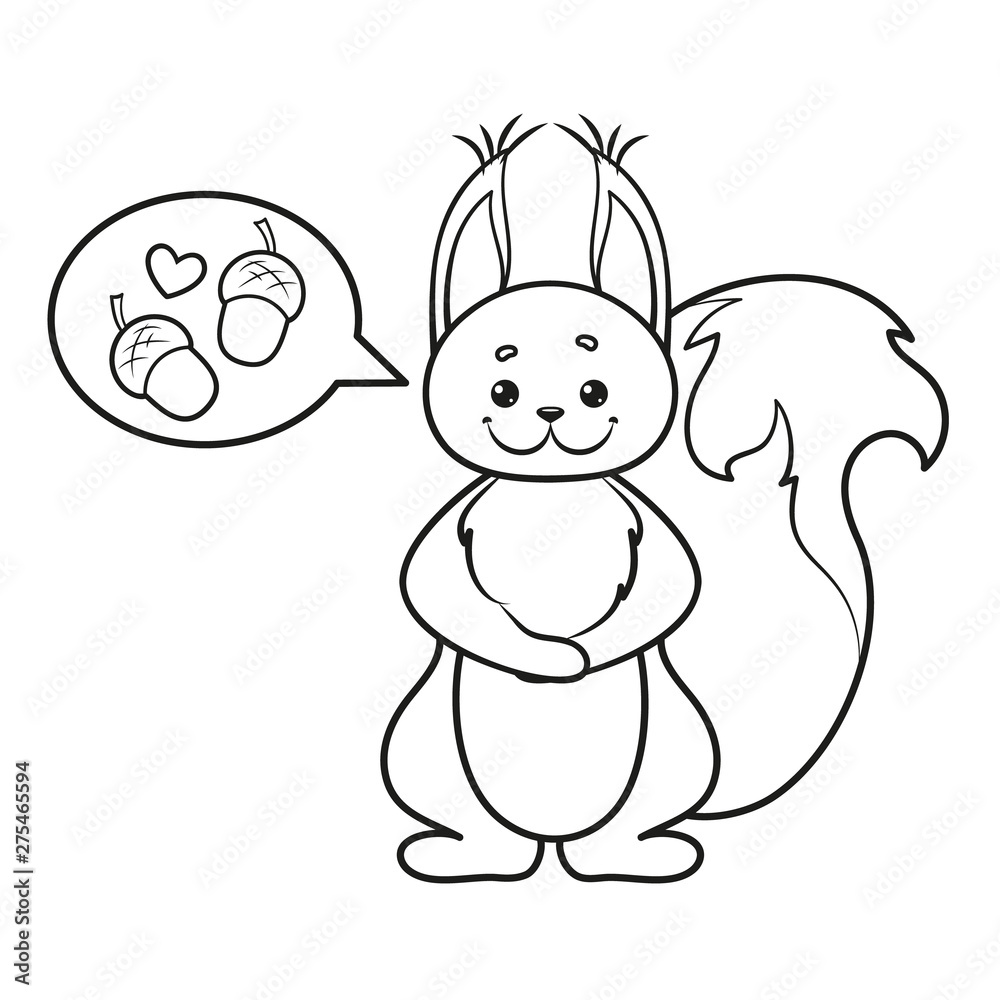 Coloring page with a squirrel and a pair of acorns. Vector Illustration. Coloring page with a squirrel and a pair of acorns. Vector Illustration.