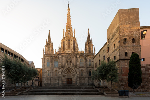 Panorama of Barcelona Cathedral of the Holy Cross and Saint Eulalia during sunrise, Barri Gothic Quarter in Barcelona, Catalonia, Spain.