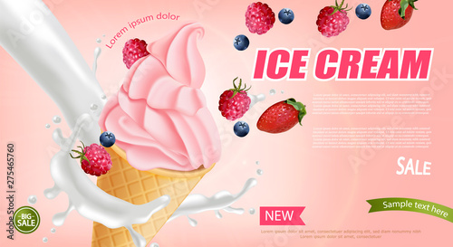 Strawberry ice cream cone Vector realistic. Swirled smooth creamy toppings. F...