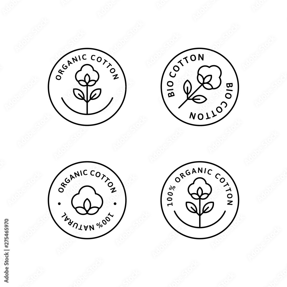 Natural Organic Cotton Liner labels and badges - Vector Round Icon - Sticker - Logo - Stamped - Tag Cotton Flower - obrazy, fototapety, plakaty 
