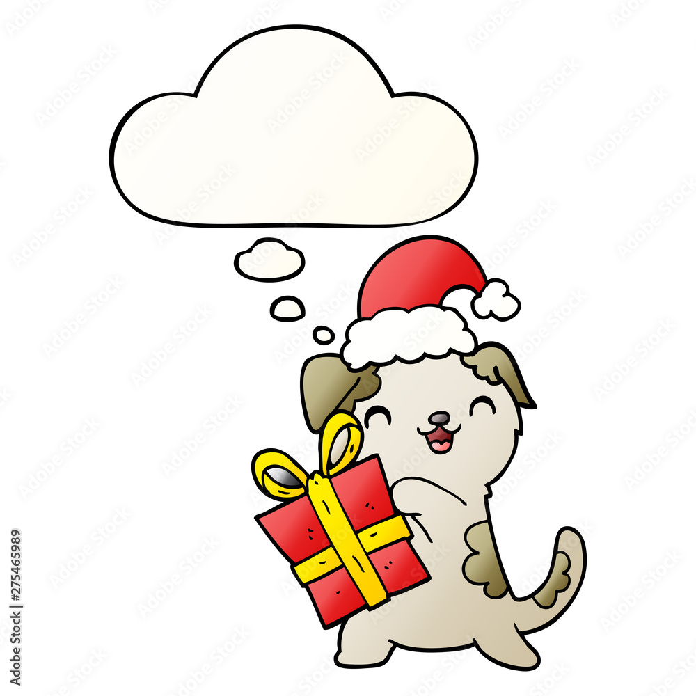 Obraz premium cute cartoon puppy with christmas present and hat and thought bubble in smooth gradient style