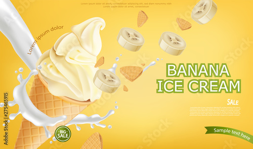 Banana ice cream cone Vector realistic. Vanilla flavor. Swirled smooth creamy toppings