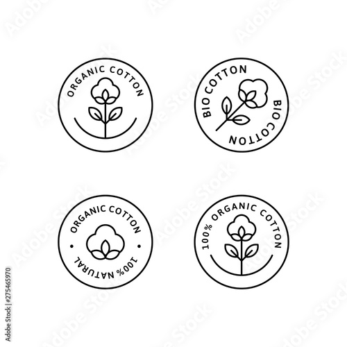 Natural Organic Cotton Liner labels and badges - Vector Round Icon - Sticker - Logo - Stamped - Tag Cotton Flower