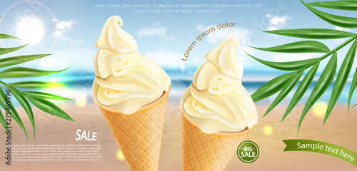 Ice cream cone Vector realistic. Vanilla flavor. Swirled smooth creamy toppings