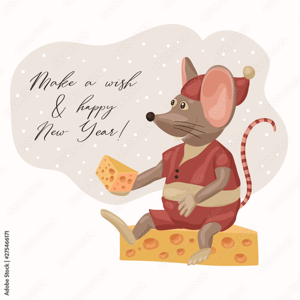 Cartoon Christmas vector mouse. Holiday card with cute rat and cheese.