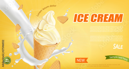 Ice cream cone Vector realistic. Vanilla flavor. Swirled smooth creamy toppings