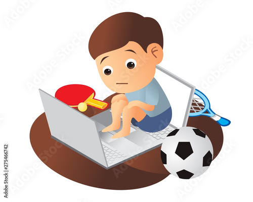 New lifestyle a children only use computer. never play sport outdoor table tennis football badminton. vector illustration isolated cartoon hand drawn background
