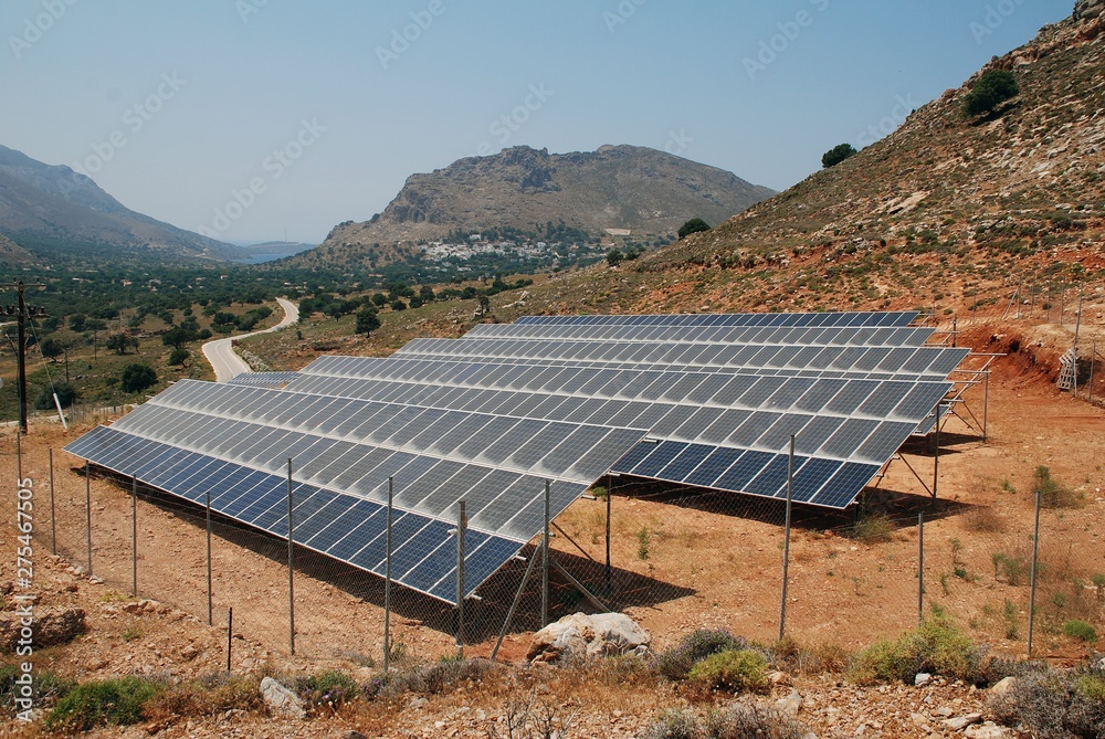 Ταπετσαρία A bank of solar energy panels on the Greek island of Tilos on June 19, 2019