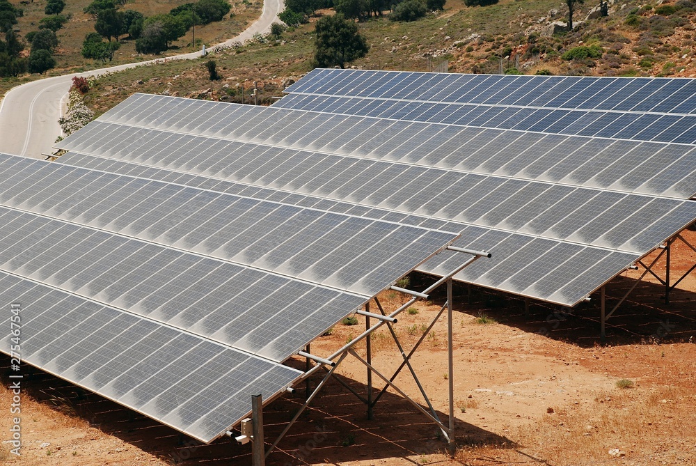 Φωτογραφία A bank of solar energy panels on the Greek island of Tilos on June 19, 2019