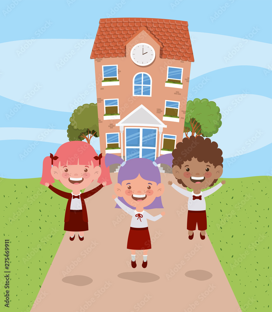 school building with interracial kids in the road scene school building with interracial kids in the road scene