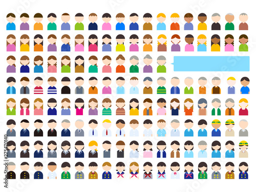 日本の色々な年代と髪型と服装の男女の人物の上半身アイコンセット
