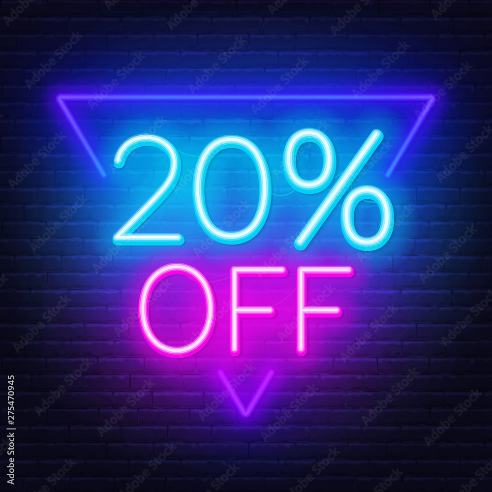 20 percent off neon lettering on brick wall background 20 percent off neon lettering on brick wall background