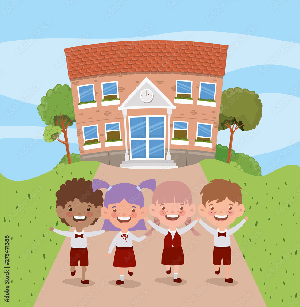 school building with interracial kids in the road scene school building with interracial kids in the road scene