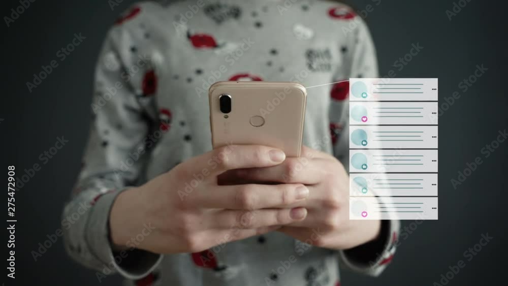 Close up of young teenage girl typing message on smartphone with smartphone text massage animation appearing . Close up female hands. Social network animation. Social media message.