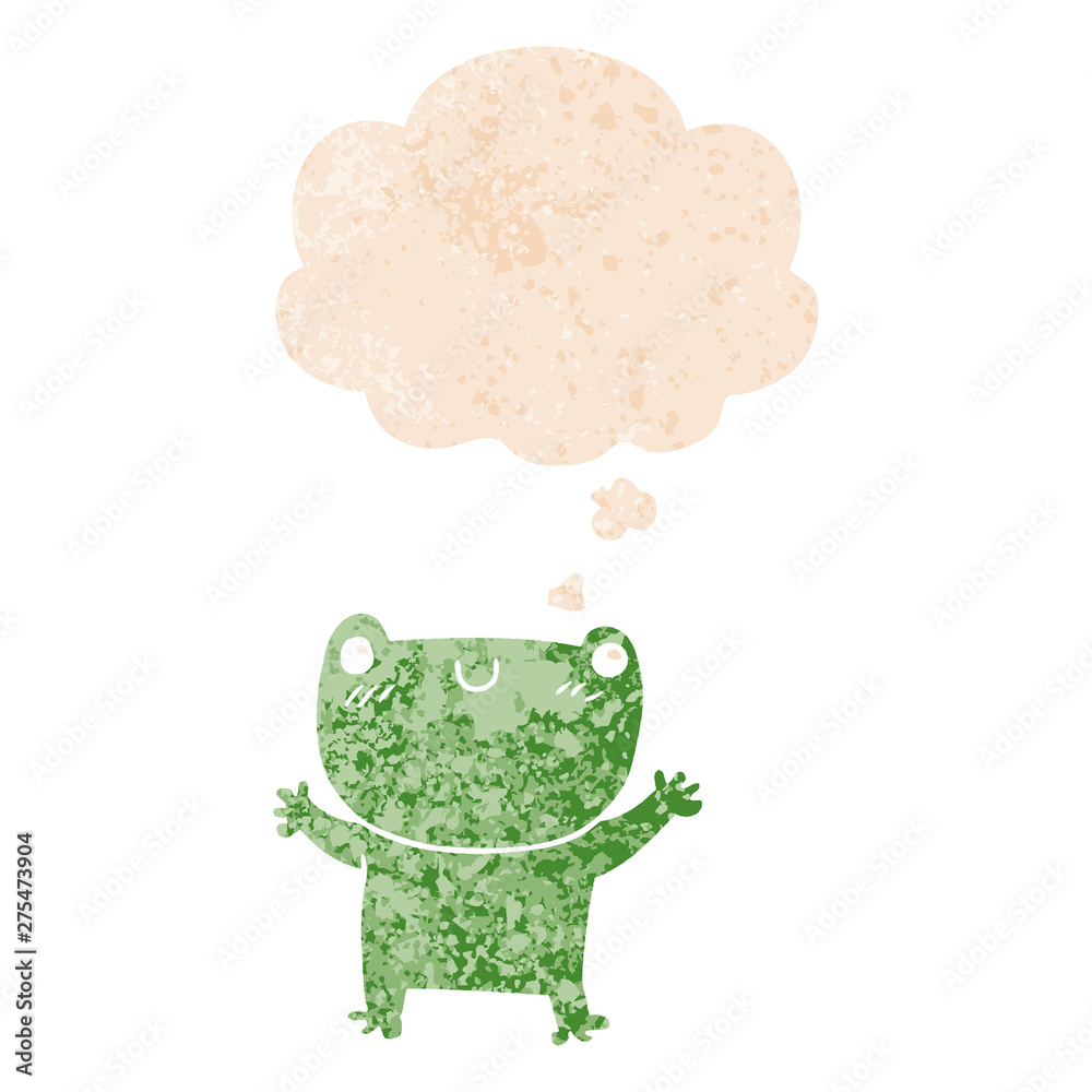 cartoon frog and thought bubble in retro textured style