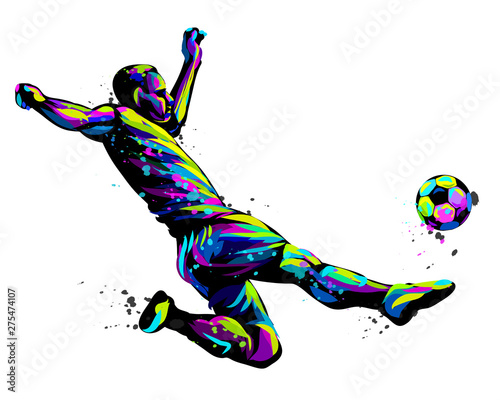 Footballer with the ball. Abstract, graphic, multi-colored image of a soccer player kicking the ball on a white background in pop art style with watercolor splashes.