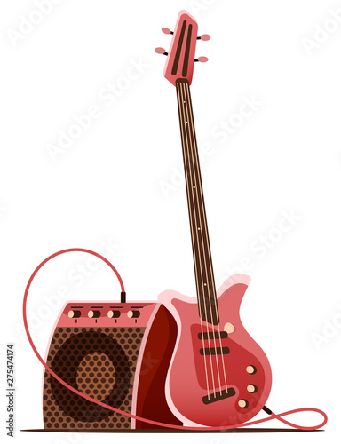 Bass guitar with amplifier for stage guitarist. Musical instrument for rock guitar player, Isolated on white background. Eps10 vector illustration.