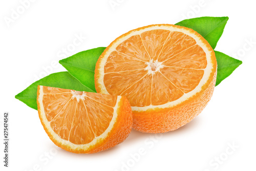 Half and slice of orange with leaves isolated on white background.