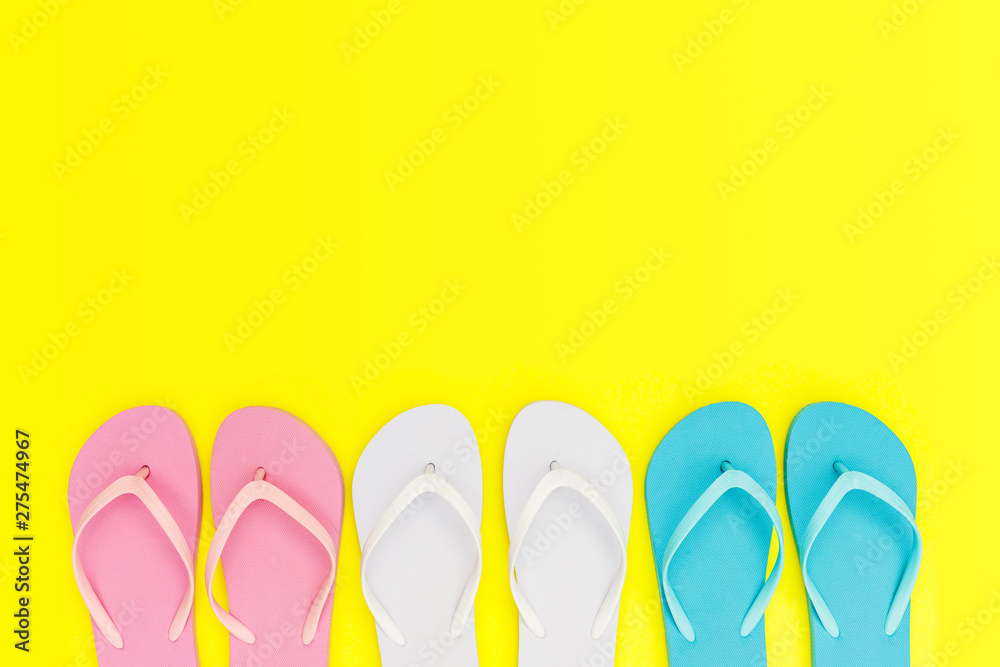flip flops shoes , top view, with copy space. Toe sandals flat lay, text place. Summer holiday concept flip flops shoes , top view, with copy space. Toe sandals flat lay, text place. Summer holiday concept