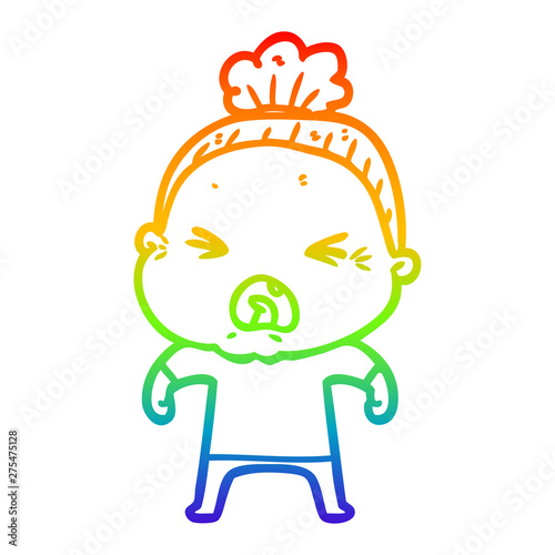 rainbow gradient line drawing cartoon angry old woman
