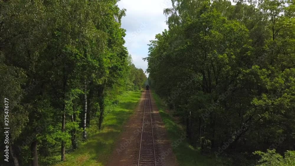 Drone shot of an old train with steam coming out, speeding on a railroad surrounded by trees, on a sunny day Drone shot of an old train with steam coming out, speeding on a railroad surrounded by trees, on a sunny day