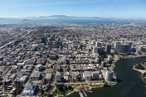 Aerial view of urban streets and buildings in downtown Oakland California.